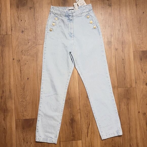 Zara High Waisted Sailor Nautical Front Style Light Wash Denim Jeans Size S - Picture 1 of 6